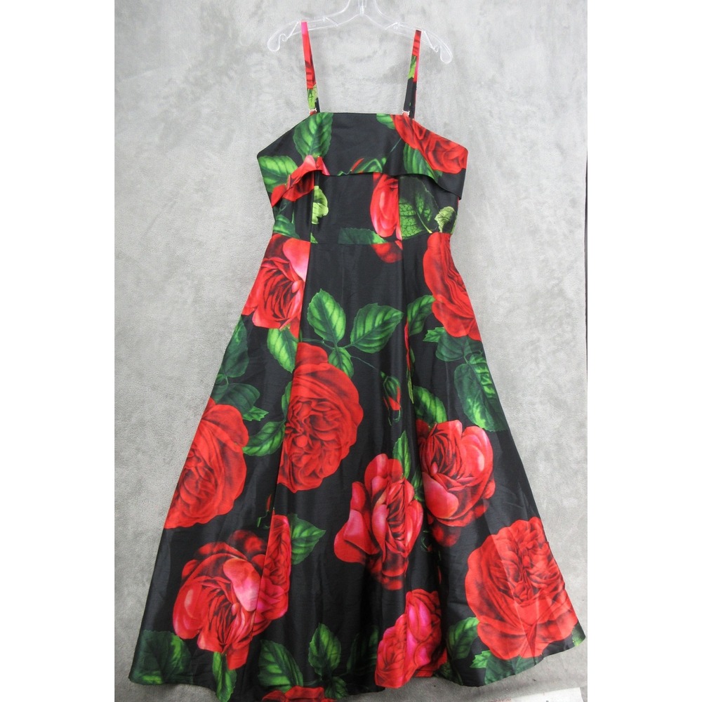 eShakti Dress Womens Size L Red Rose Floral Maxi Pockets Whimsigoth Event Party